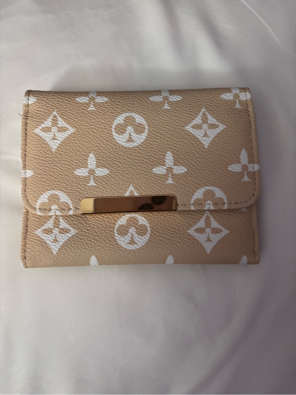 Beige Monogram Trifold Wallet with White Print Vegan